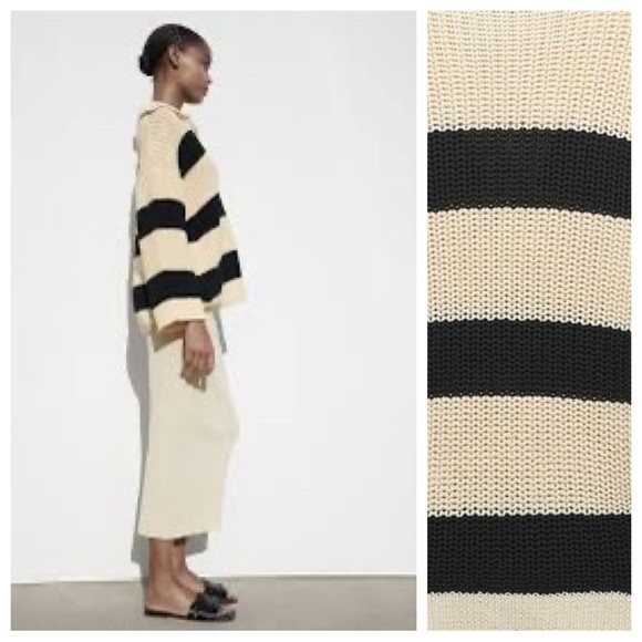 NWT. Zara Cream/Black V-Neck Oversized Striped Sweater. Size M-L. - Picture 4 of 11